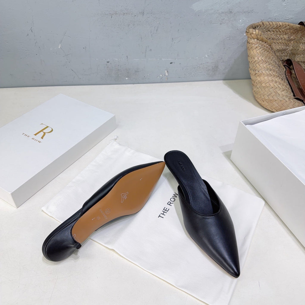 THE ROW 26S POINTED TOE MULE HEELS 35MM IN BLACK CALFSKIN