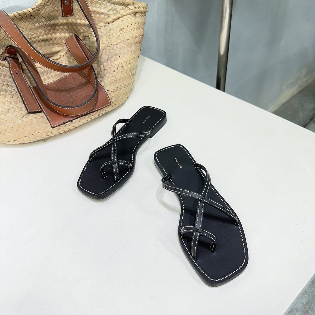 THE ROW 26S FLAT SANDALS IN BLACK CALFSKIN