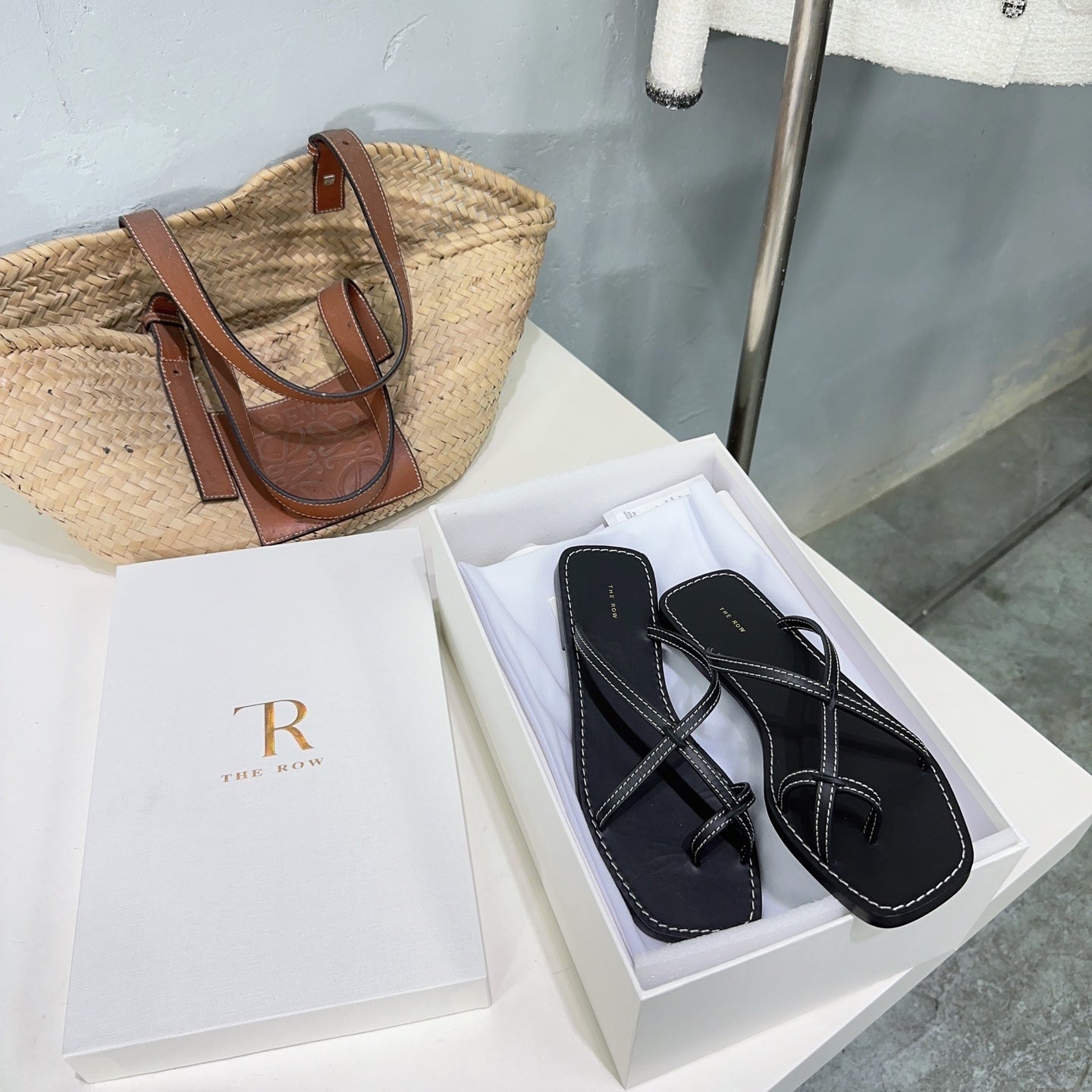 THE ROW 26S FLAT SANDALS IN BLACK CALFSKIN