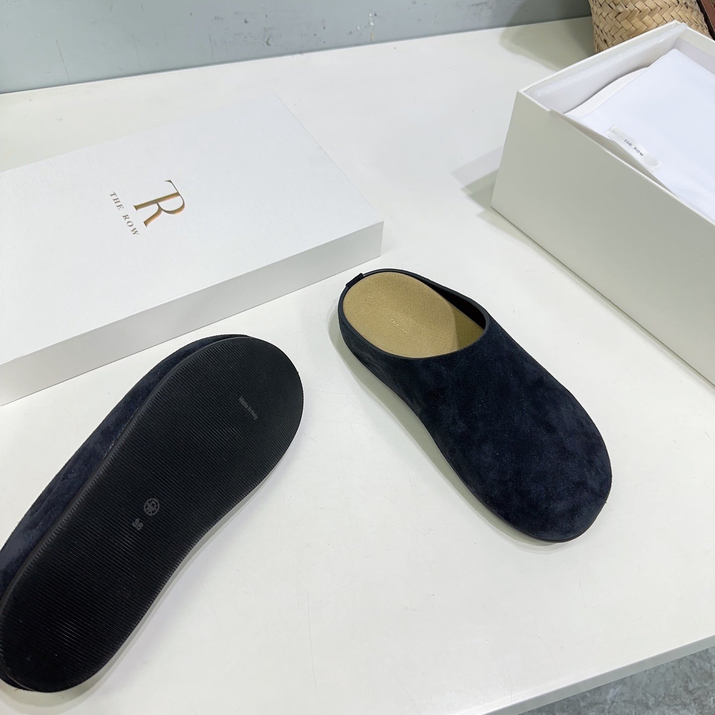 THE ROW 26S CLOG MULES IN BLACK SUEDE