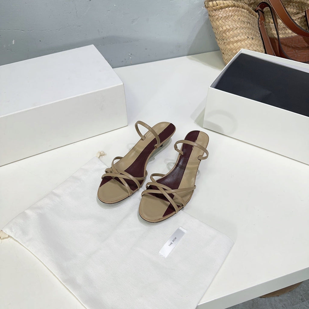 THE ROW 26S STRAPPY KITTEN HEEL SANDALS 30MM IN BROWN CALFSKIN