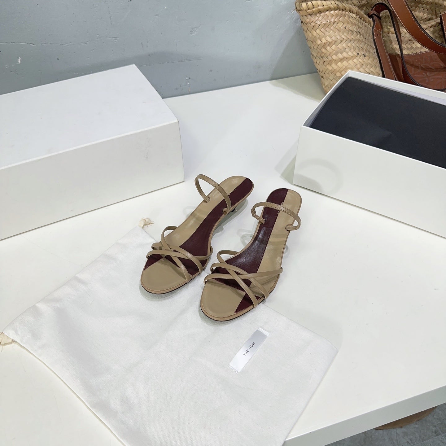 THE ROW 26S STRAPPY KITTEN HEEL SANDALS 30MM IN BROWN CALFSKIN