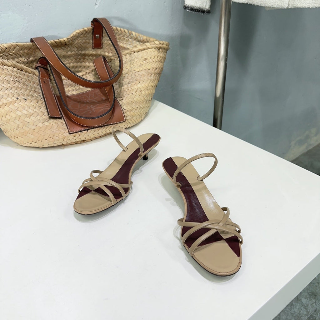 THE ROW 26S STRAPPY KITTEN HEEL SANDALS 30MM IN BROWN CALFSKIN