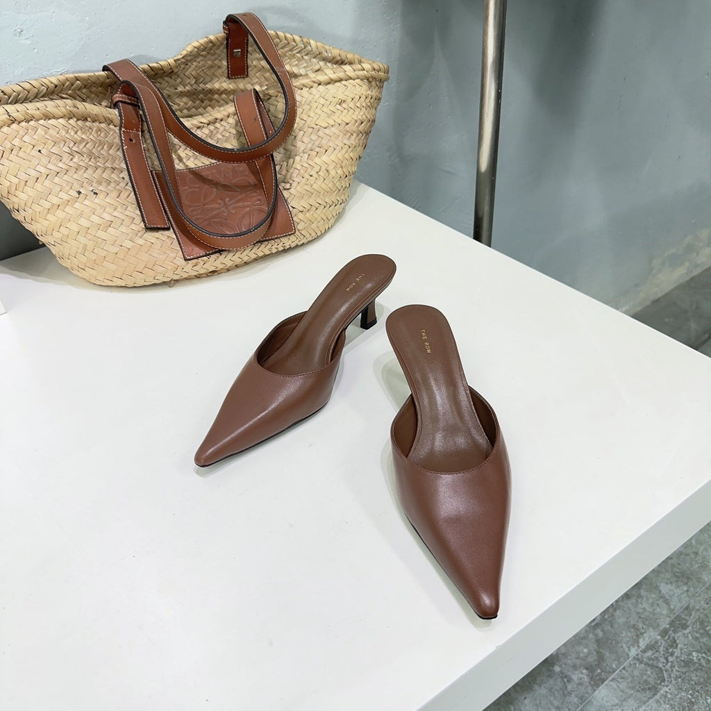 THE ROW 26S POINTED TOE MULE HEELS 45MM IN BROWN CALFSKIN