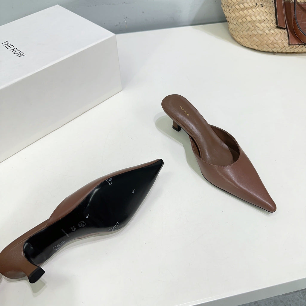THE ROW 26S POINTED TOE MULE HEELS 45MM IN BROWN CALFSKIN