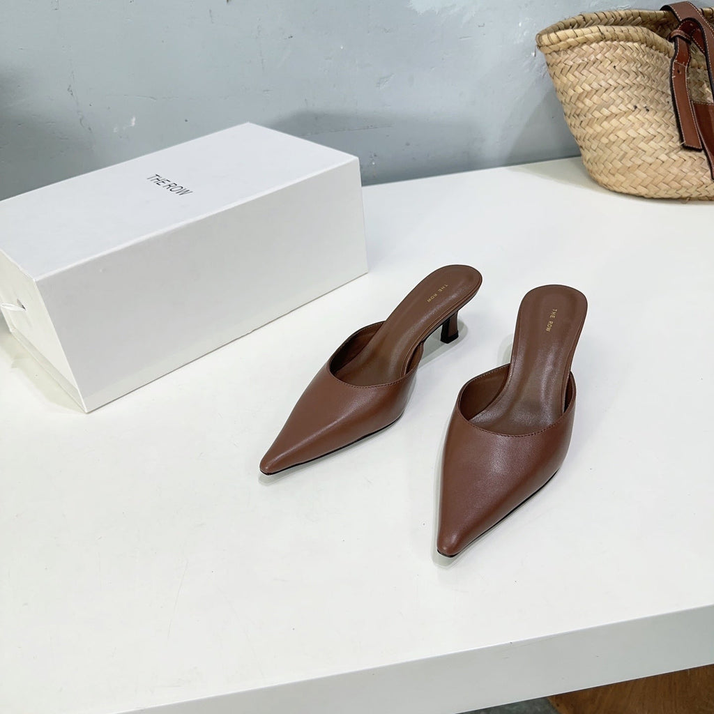 THE ROW 26S POINTED TOE MULE HEELS 45MM IN BROWN CALFSKIN
