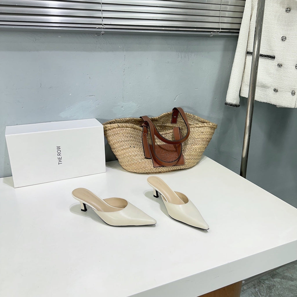 THE ROW 26S POINTED TOE MULE HEELS 45MM IN IVORY WHITE CALFSKIN