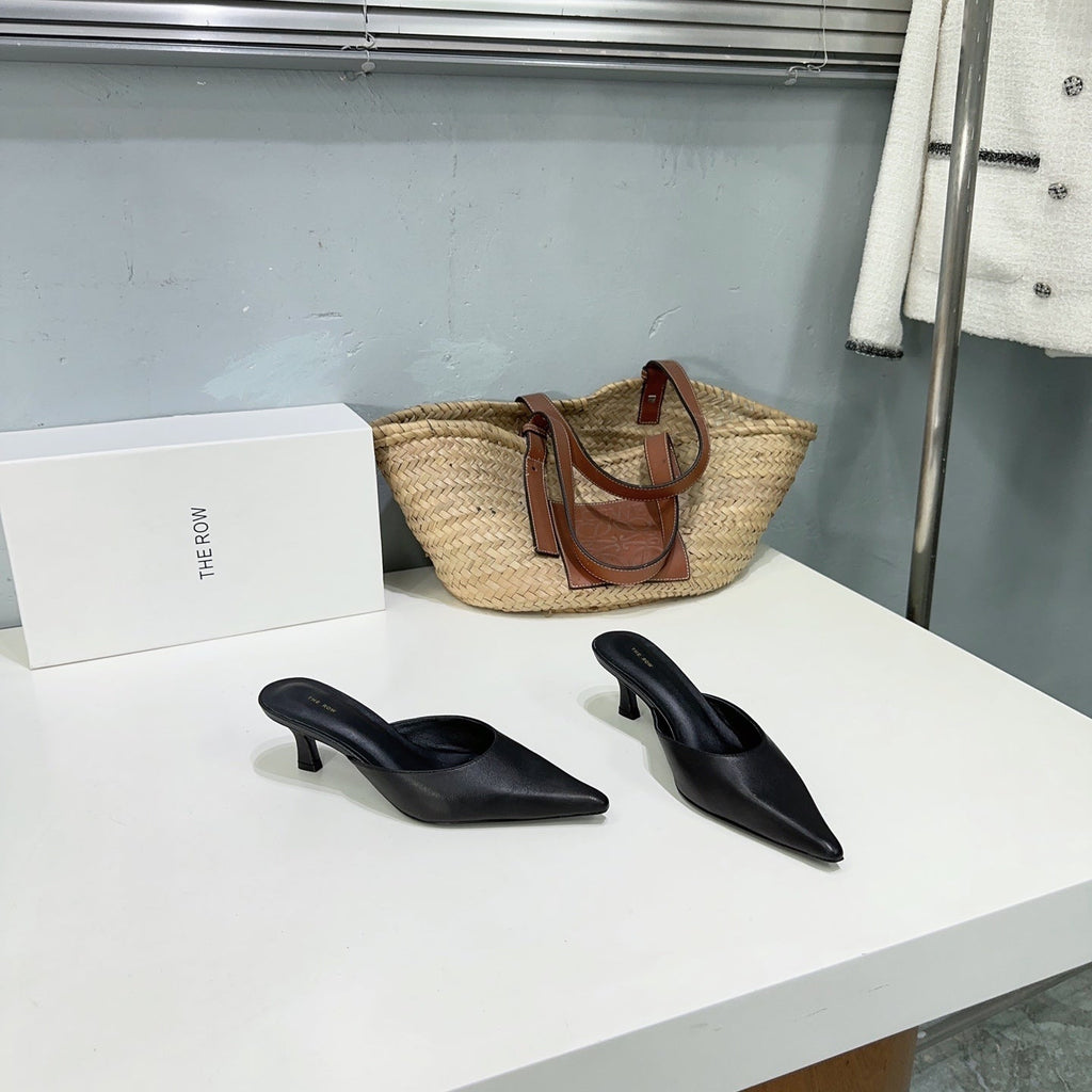 THE ROW 26S POINTED TOE MULE HEELS 45MM IN BLACK CALFSKIN