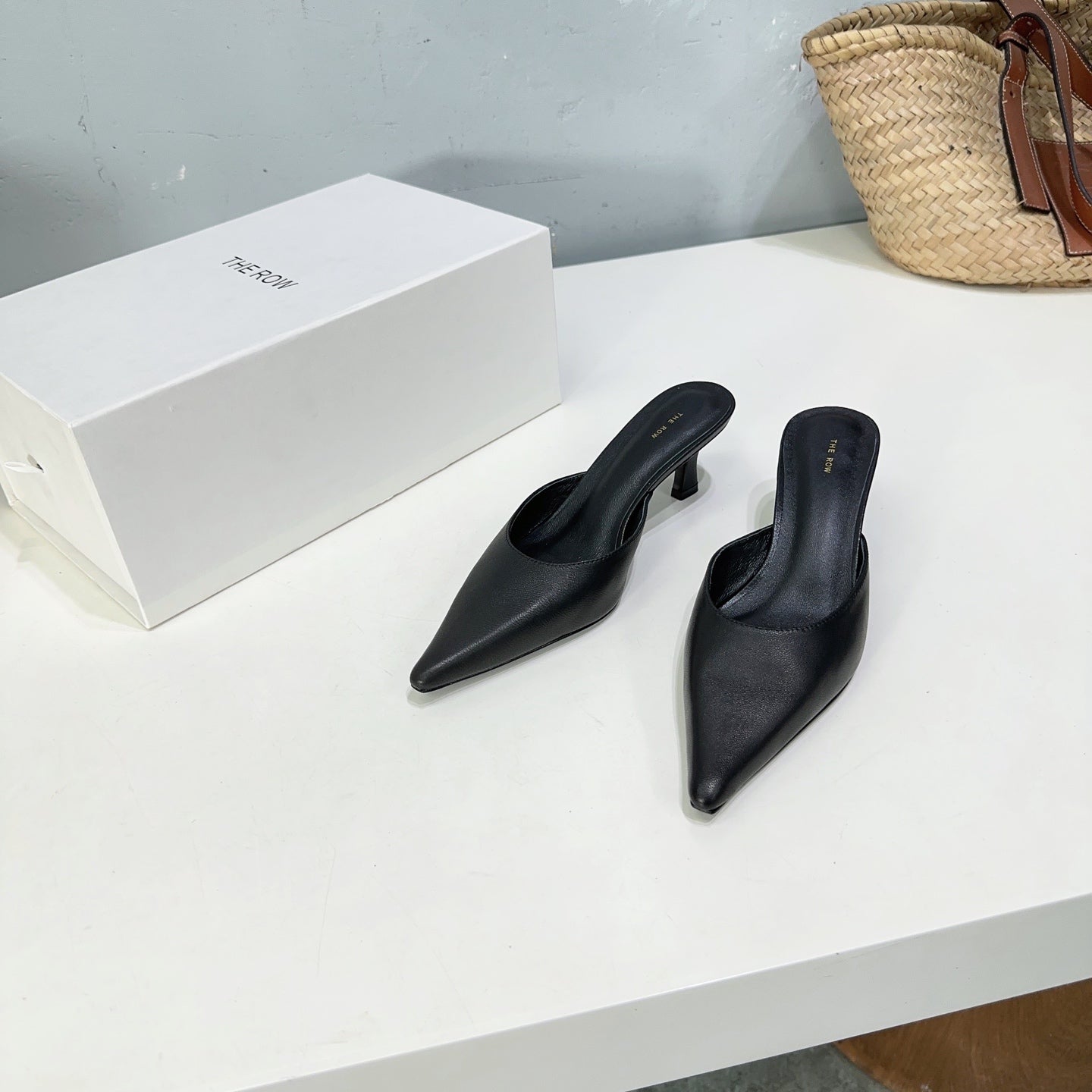THE ROW 26S POINTED TOE MULE HEELS 45MM IN BLACK CALFSKIN