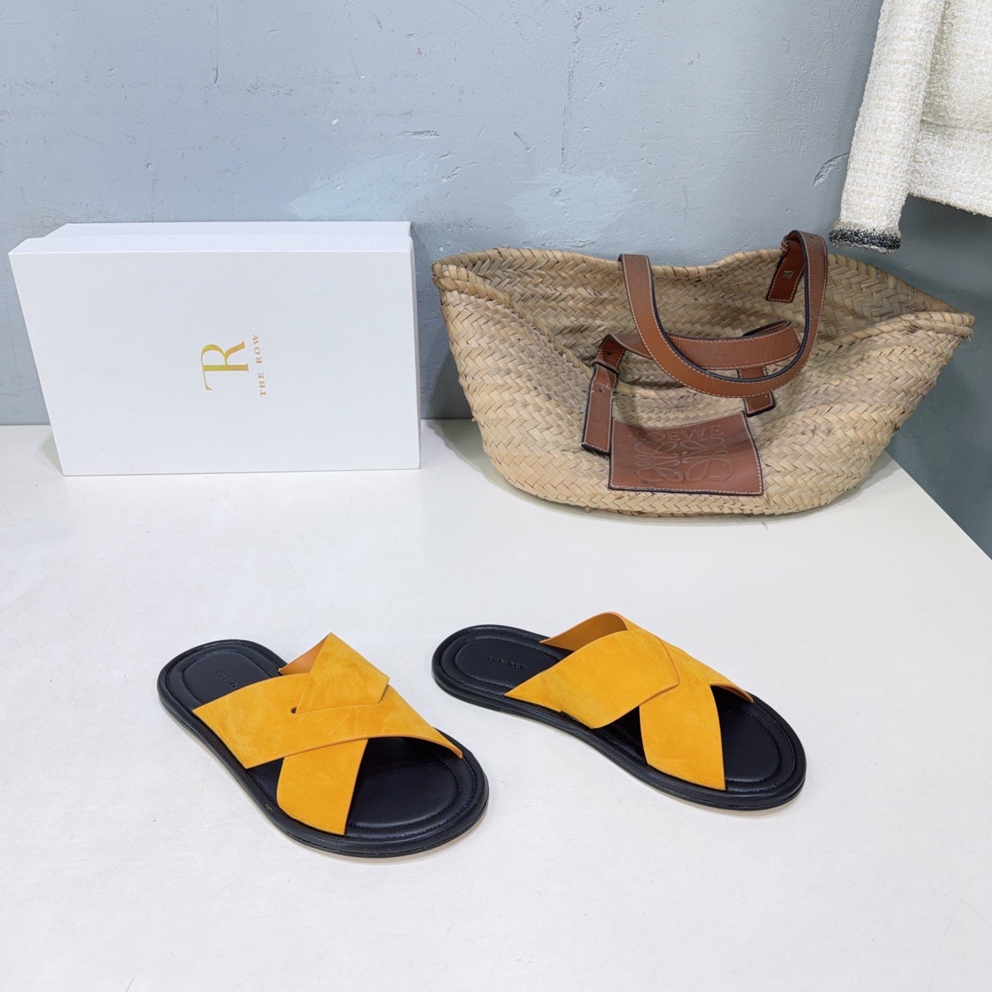 THE ROW 26S SLIDES SANDALS IN GOLD YELLOW SUEDE AND BLACK CALFKIN