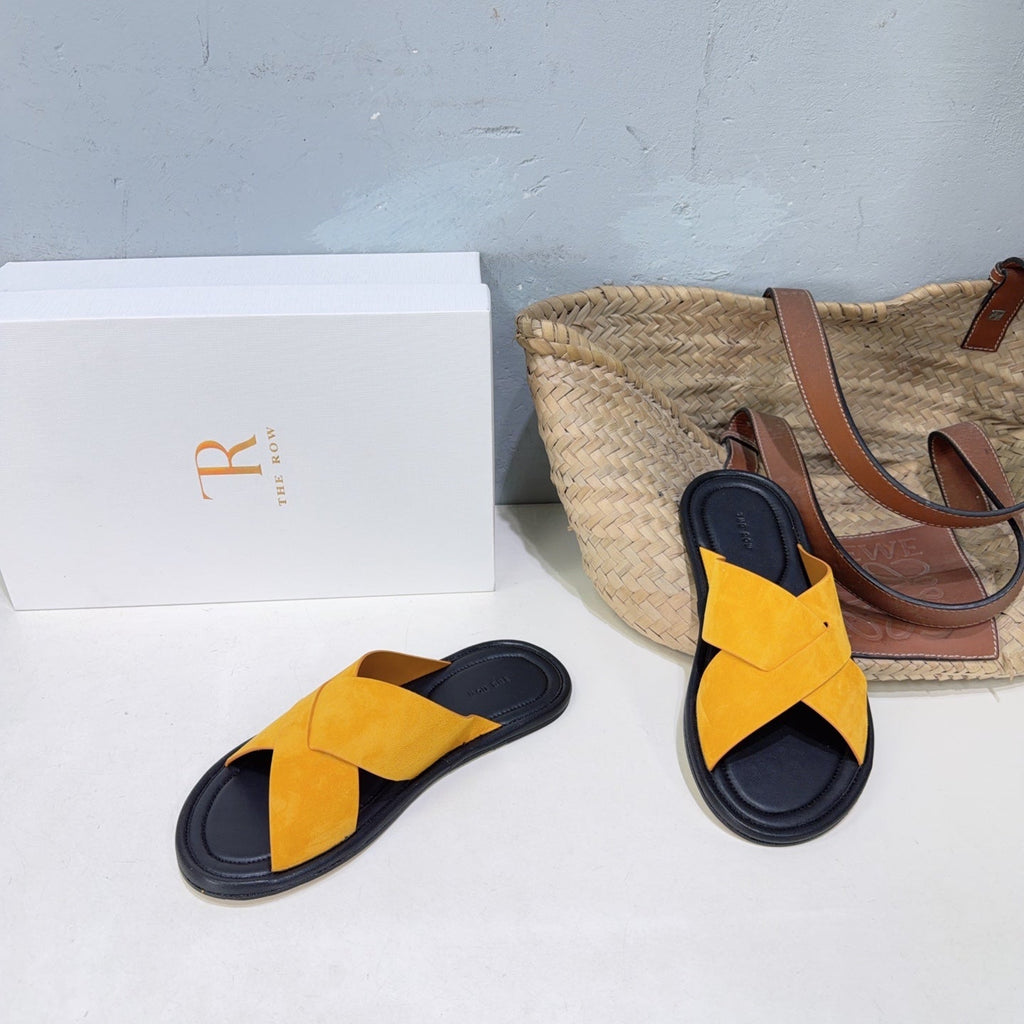THE ROW 26S SLIDES SANDALS IN GOLD YELLOW SUEDE AND BLACK CALFKIN