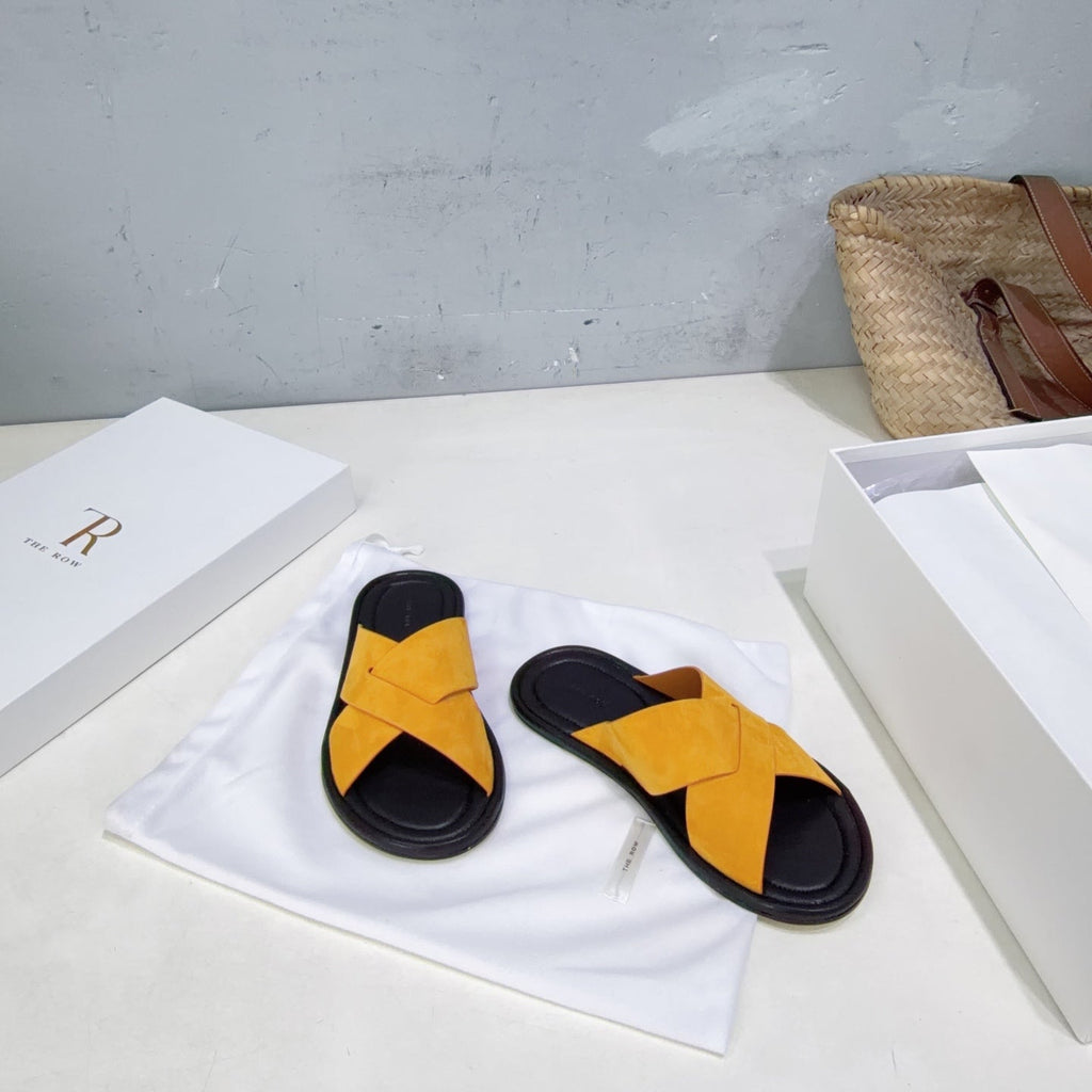 THE ROW 26S SLIDES SANDALS IN GOLD YELLOW SUEDE AND BLACK CALFKIN