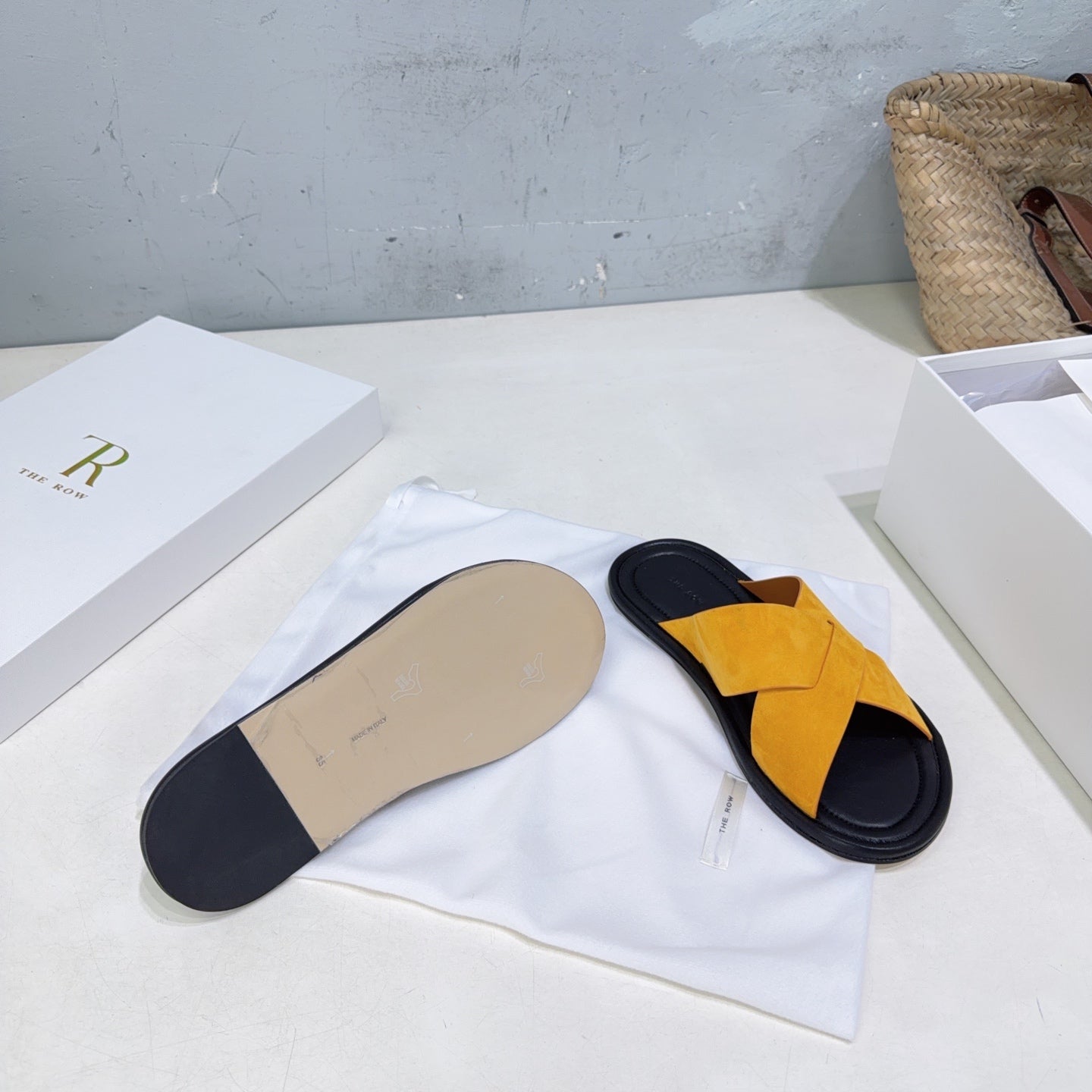 THE ROW 26S SLIDES SANDALS IN GOLD YELLOW SUEDE AND BLACK CALFKIN