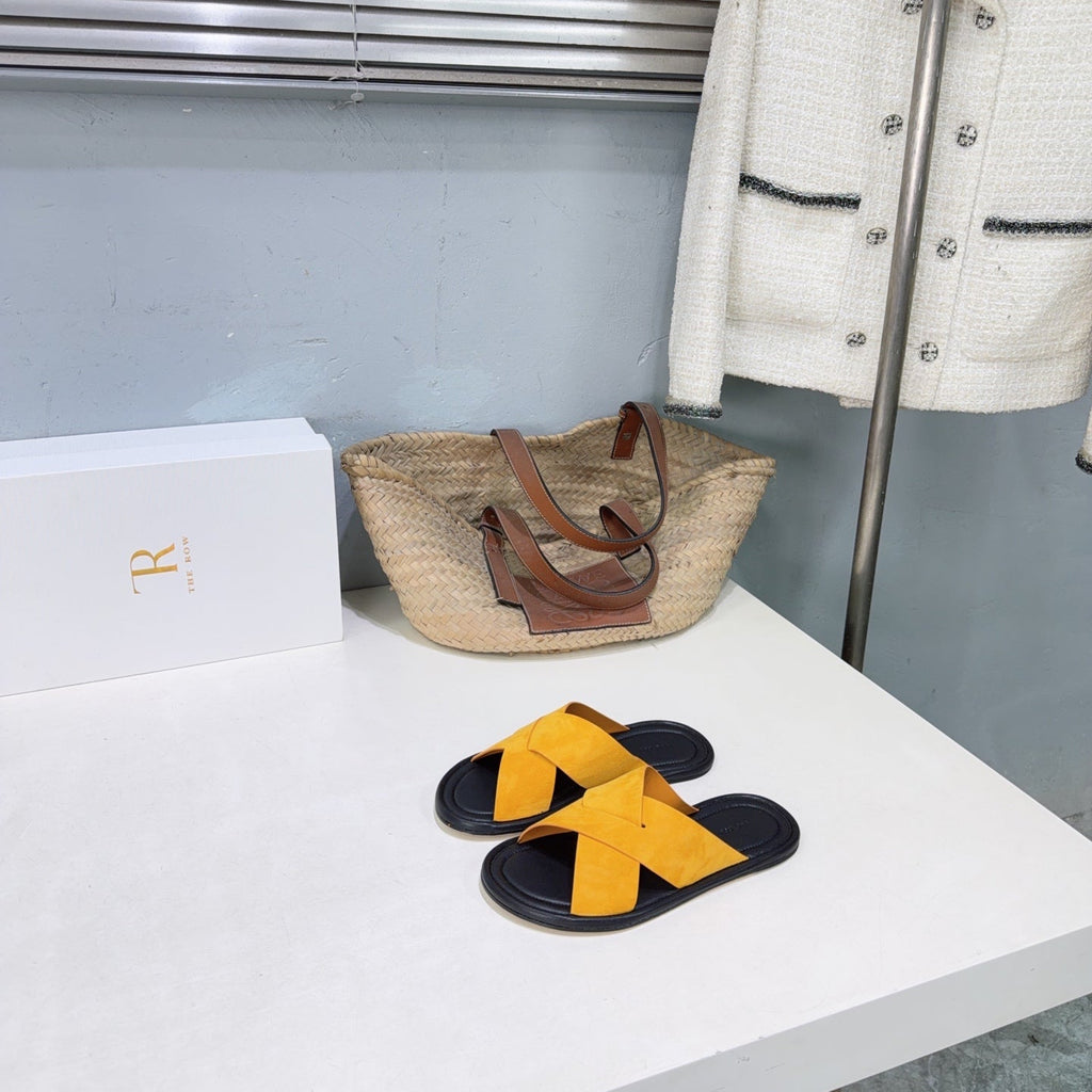 THE ROW 26S SLIDES SANDALS IN GOLD YELLOW SUEDE AND BLACK CALFKIN
