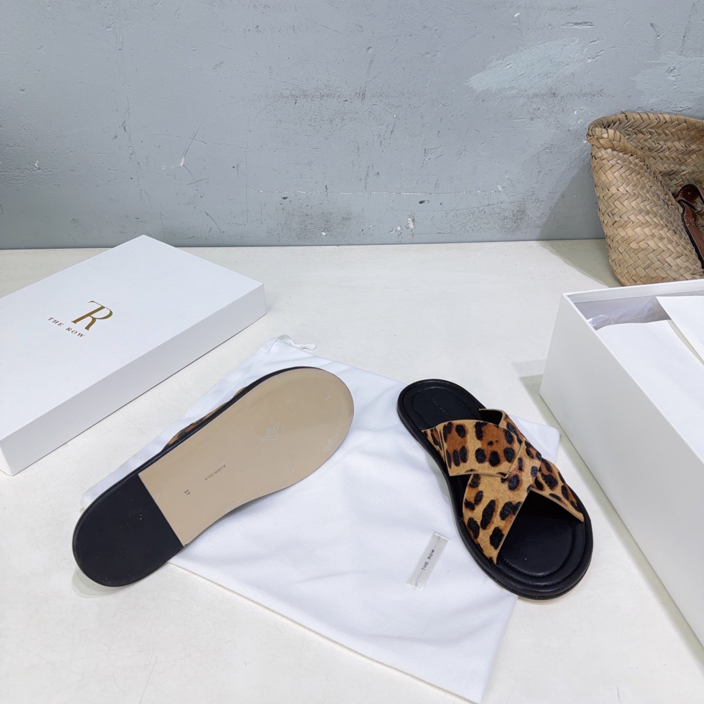 THE ROW 26S SLIDES SANDALS IN LEOPARD CALF HAIR CROSS STRAP