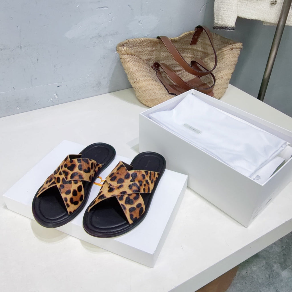 THE ROW 26S SLIDES SANDALS IN LEOPARD CALF HAIR CROSS STRAP