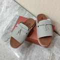 LP 26S LOCK CHARM SLIDES IN GREY CALFSKIN SILVER HARDWARE