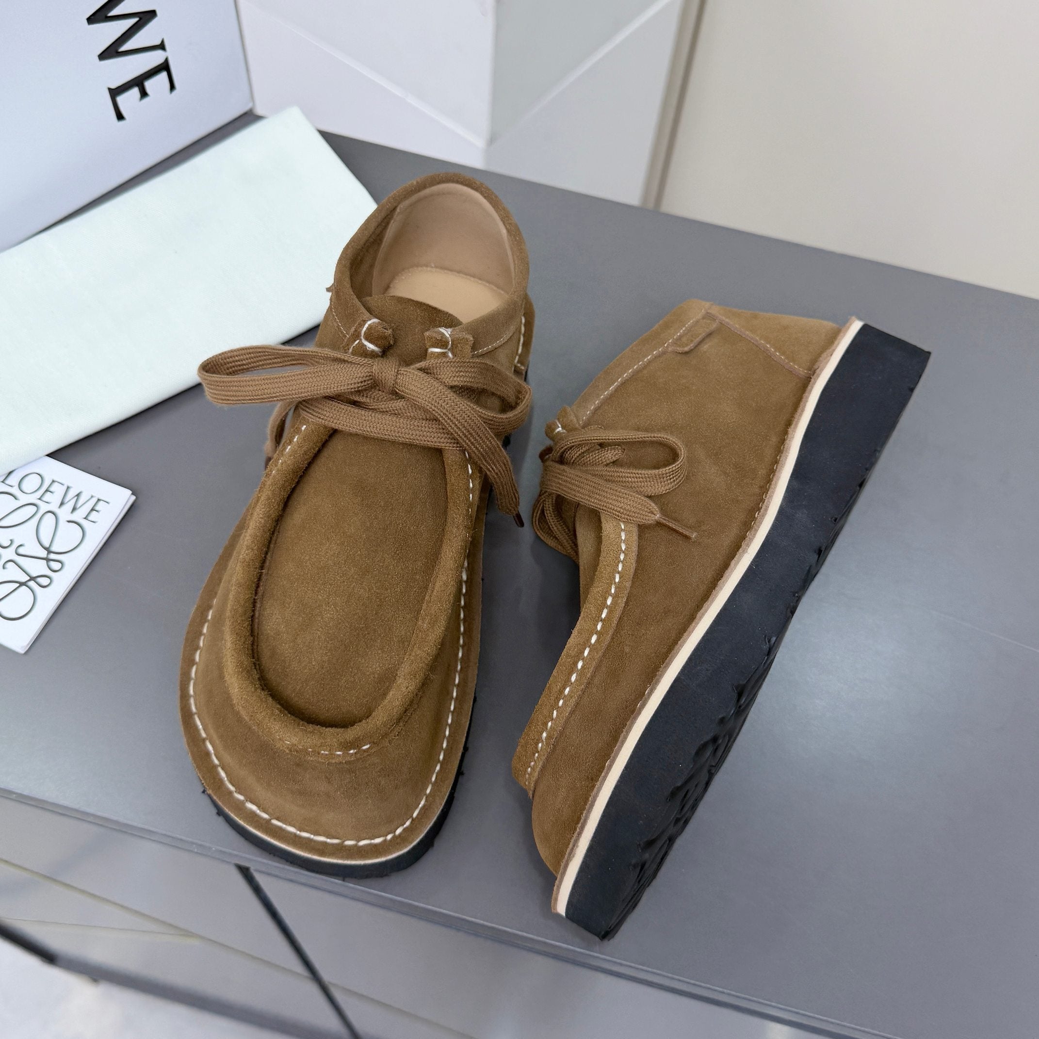 LOEWE 26S ANKLE BOOTS IN CARAMEL BROWN SUEDE