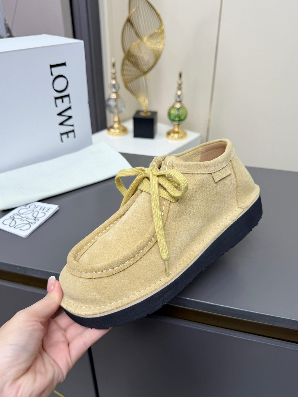 LOEWE 26S ANKLE BOOTS IN BEIGE SUEDE
