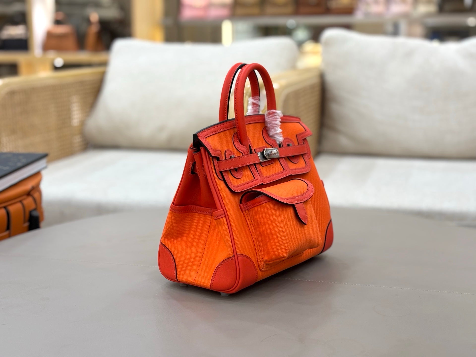 HM 25S BIRKIN CARGO 25 CM IN DARK ORANGE CANVAS AND SWIFT WITH SILVER HARDWARE