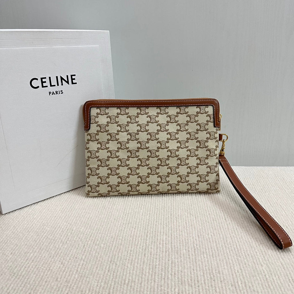 SMALL POUCH 25 IN BEIGE TRIOMPHE TEXTILE AND BROWN CALFSKIN