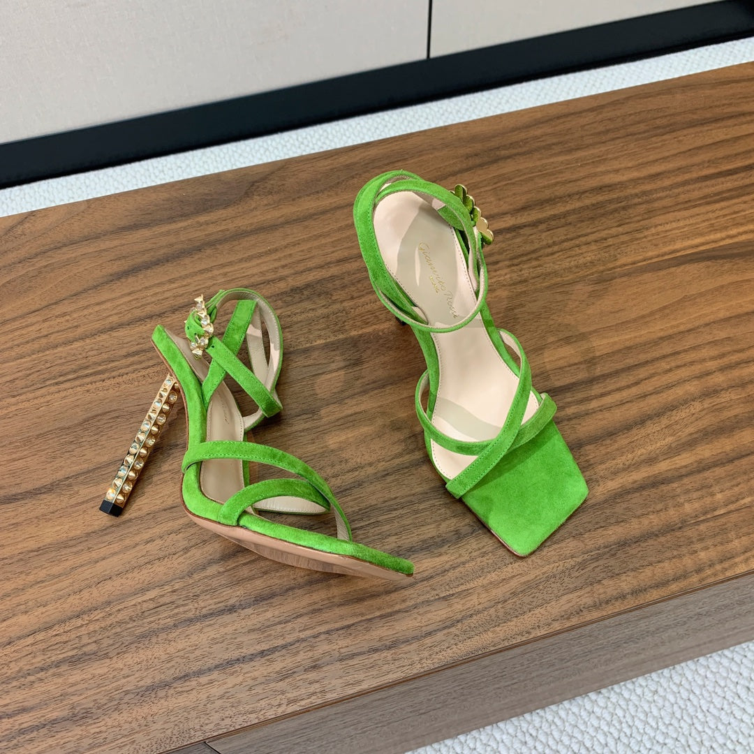 GIANVITO ROSSI 26S CRYSTAL HEELS 105 MM IN GREEN SUEDE