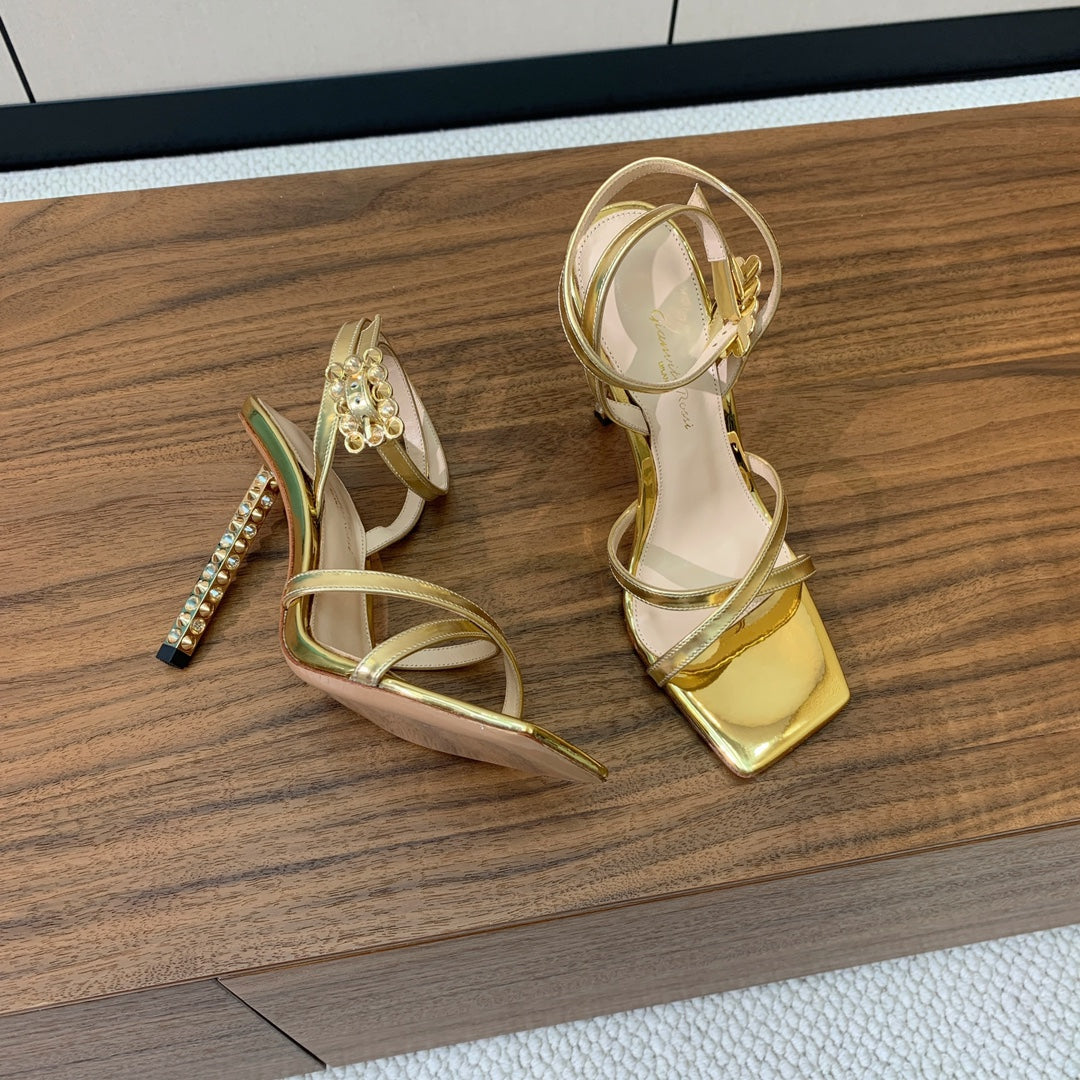 GIANVITO ROSSI 26S CRYSTAL HEELS 105 MM IN GOLD LAMBSKIN