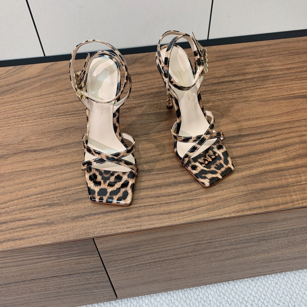 GIANVITO ROSSI 26S CRYSTAL HEELS 105 MM IN LEOPARD PRINT PATENT LAMBSKIN