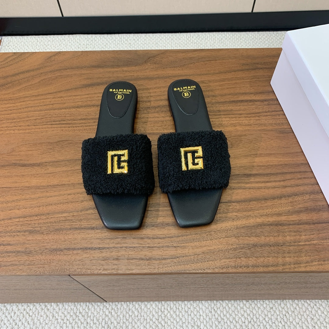 BALMAIN 26S SANDALS IN BLACK WOOL AND CALFSKIN