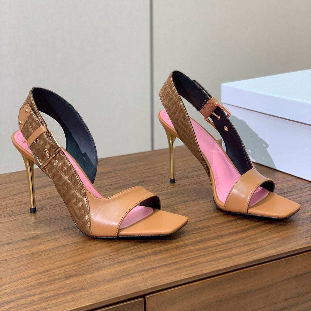 BALMAIN 25S JACQUARD KNIT SLINGBACK PUMPS 95MM IN BROWN AND PINK CALFSKIN