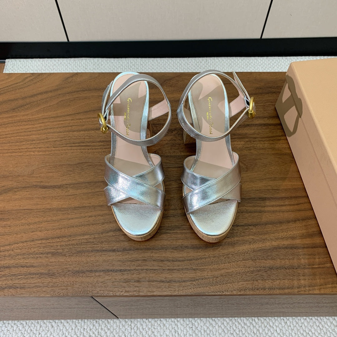 GIANVITO ROSSI 26S PLATFORM SANDALS 115 MM IN SILVER CALFSKIN