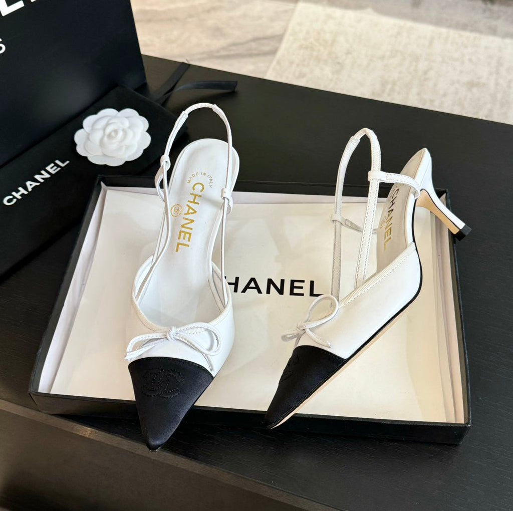 SLINGBACK WITH BOW IN WHITE MIX BLACK LAMBSKIN