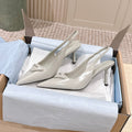 PRADA 26S POINTED-TOE SLINGBACK HEELS 75MM IN SOFT GRAY SHINY CALFSKIN