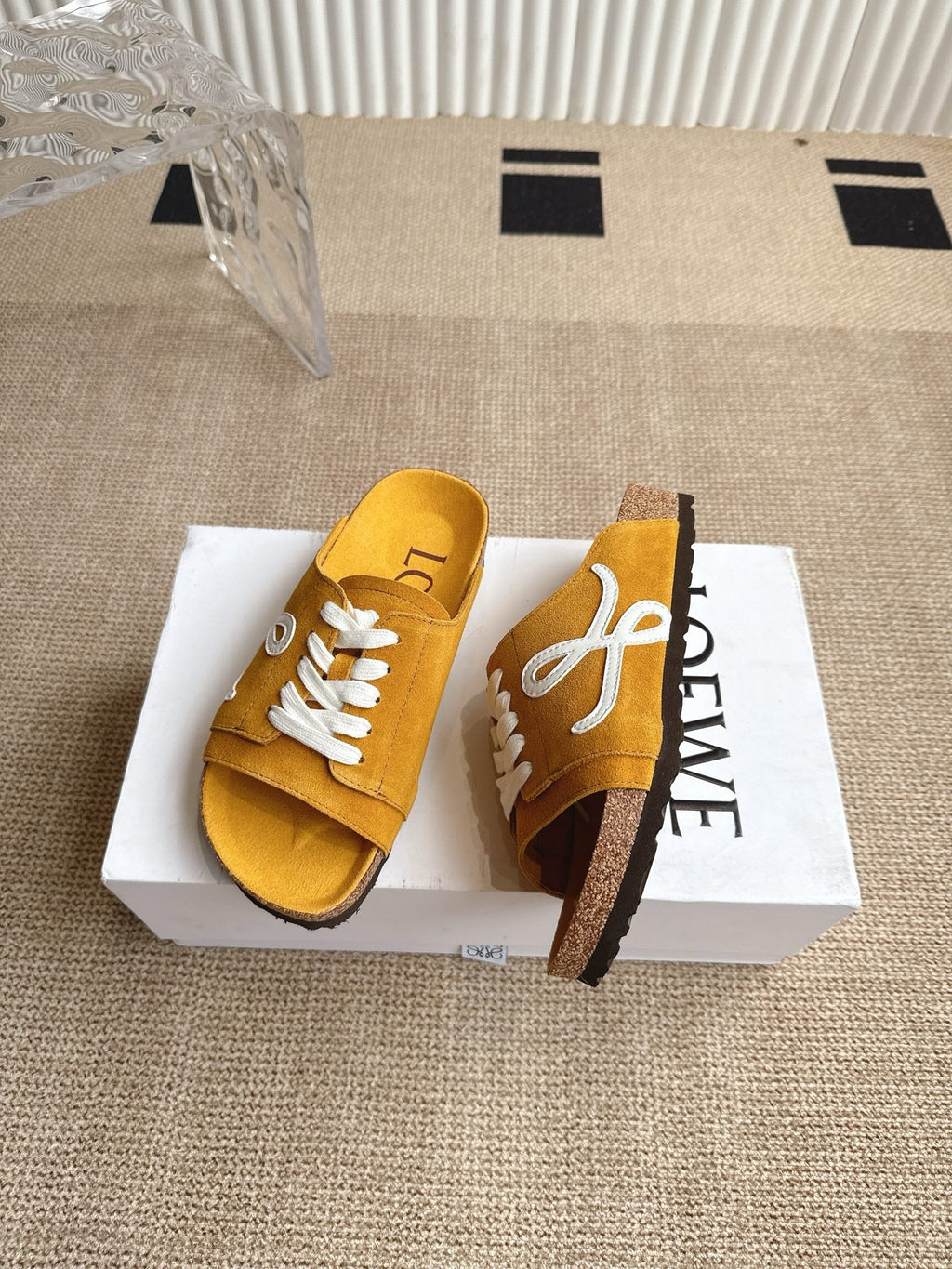 LOEWE 26S LACE-UP FLAT SLIDES IN MUSTARD YELLOW SUEDE