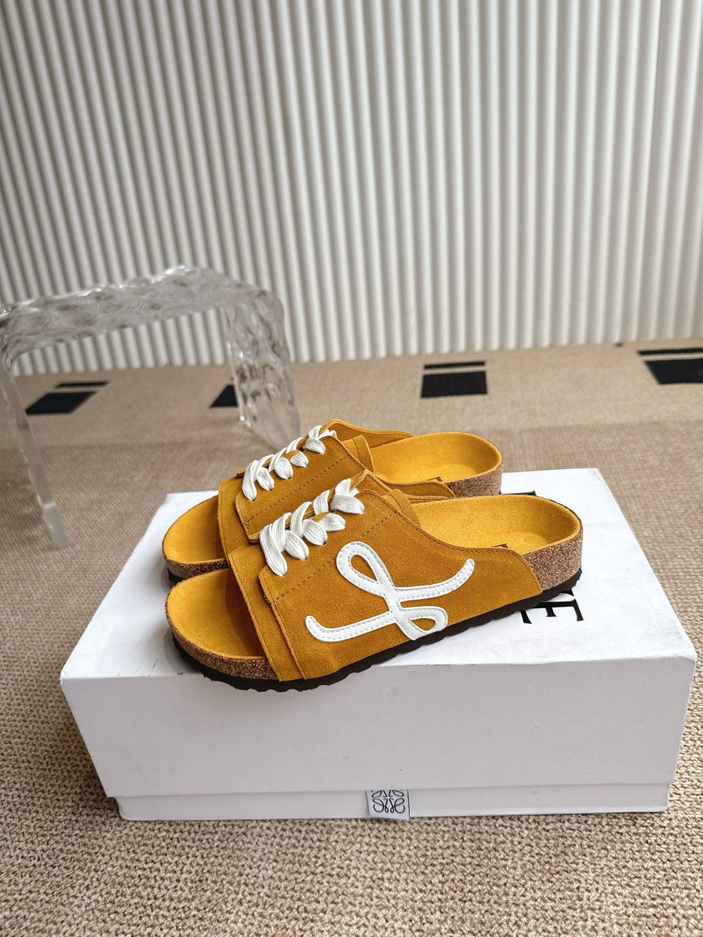 LOEWE 26S LACE-UP FLAT SLIDES IN MUSTARD YELLOW SUEDE