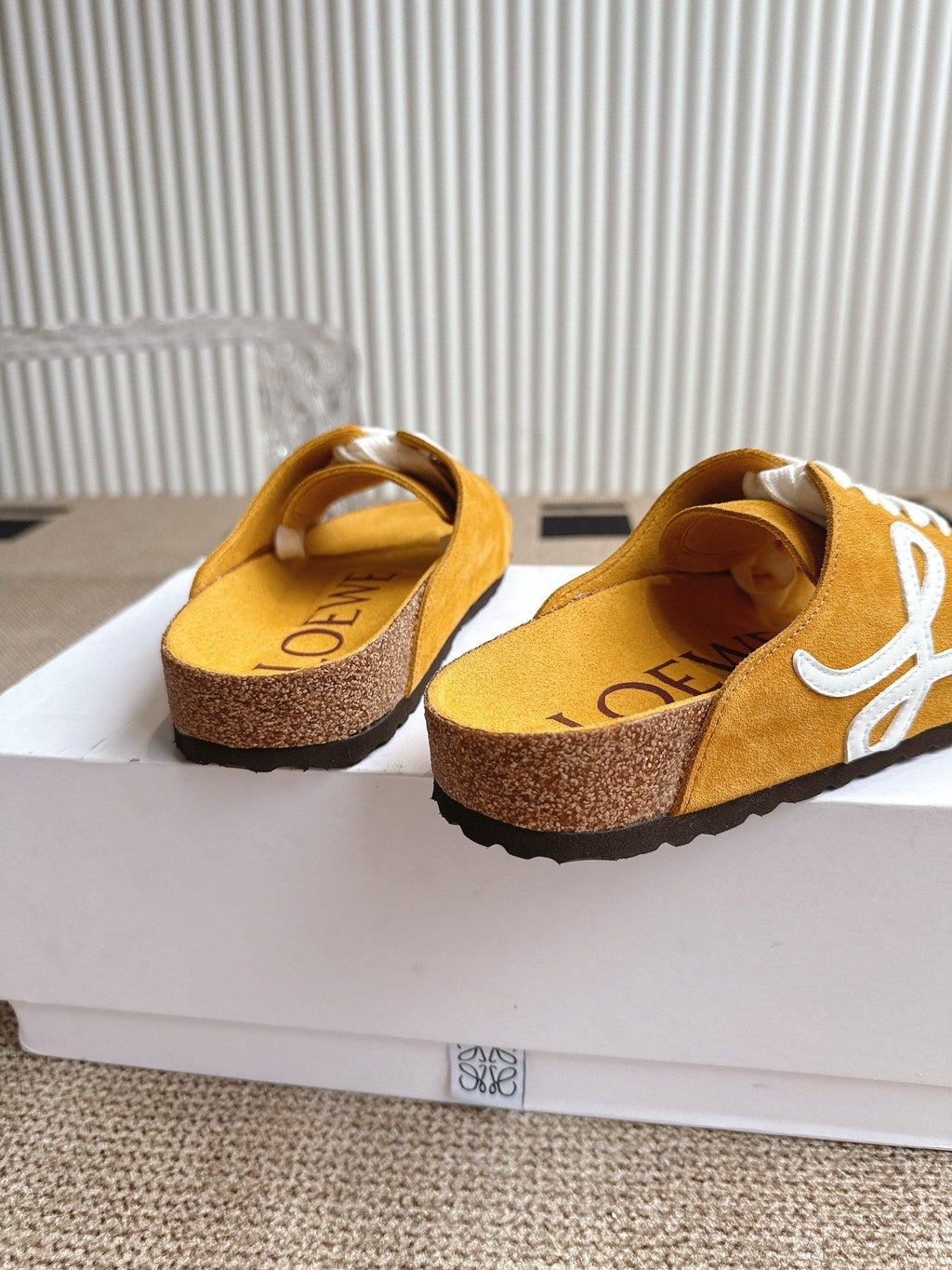 LOEWE 26S LACE-UP FLAT SLIDES IN MUSTARD YELLOW SUEDE