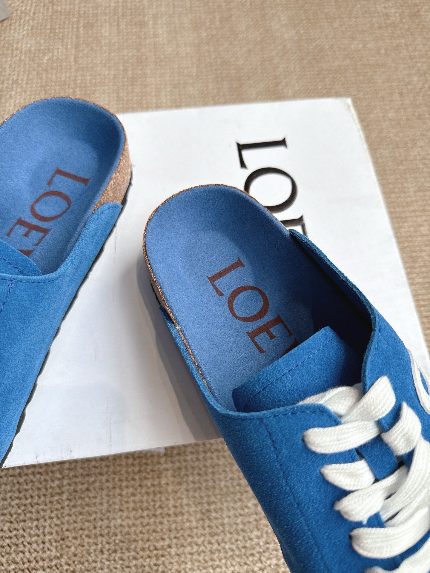 LOEWE 26S LACE-UP FLAT SLIDES IN BLUE SUEDE