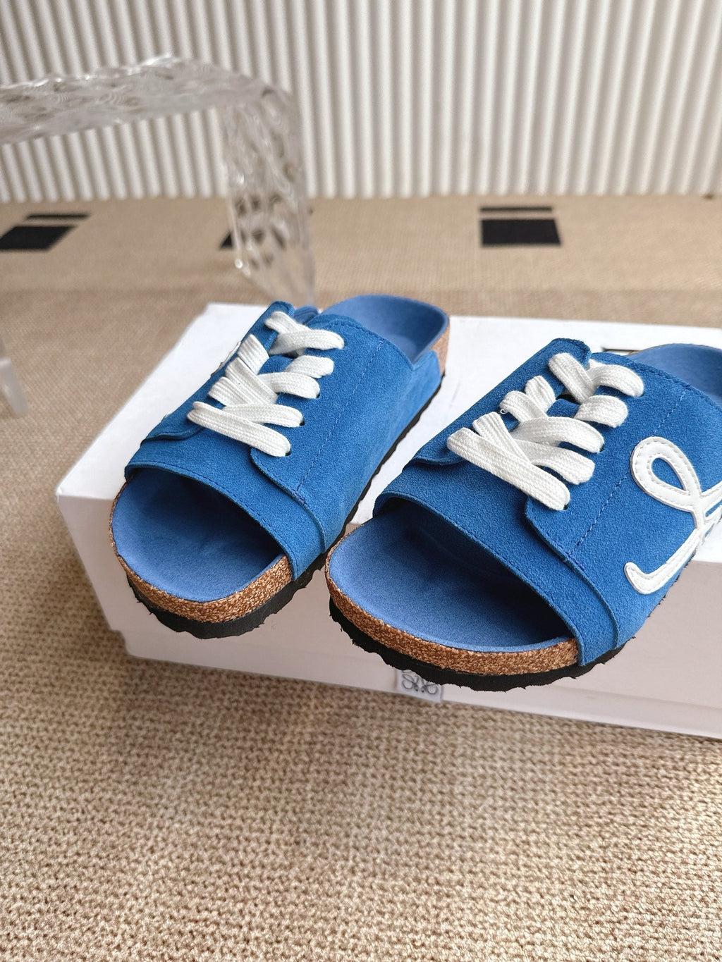 LOEWE 26S LACE-UP FLAT SLIDES IN BLUE SUEDE