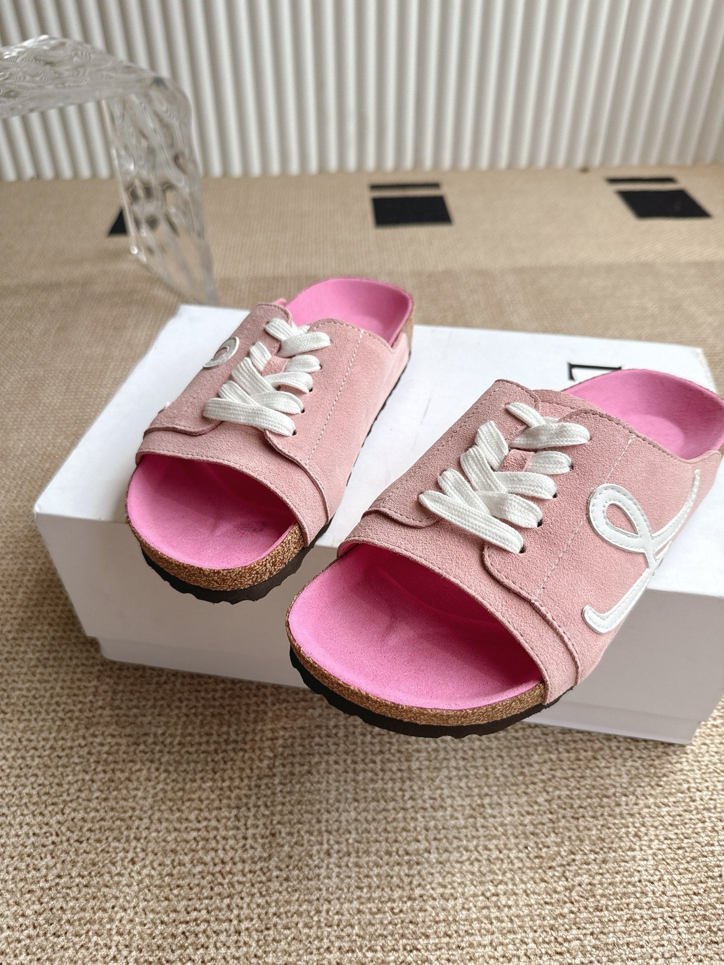 LOEWE 26S LACE-UP FLAT SLIDES IN PINK SUEDE