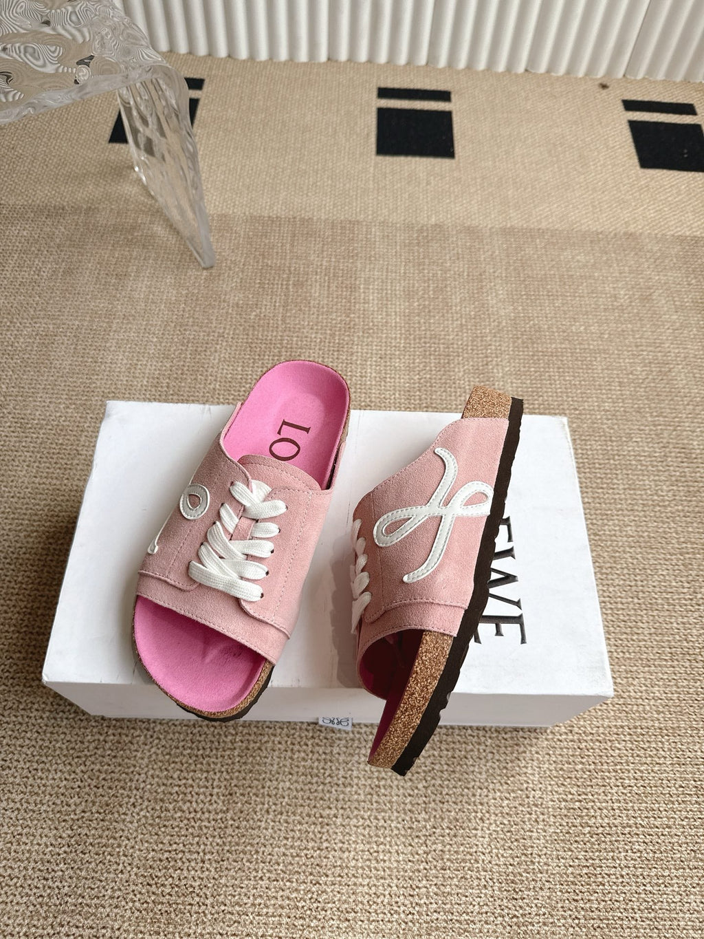 LOEWE 26S LACE-UP FLAT SLIDES IN PINK SUEDE