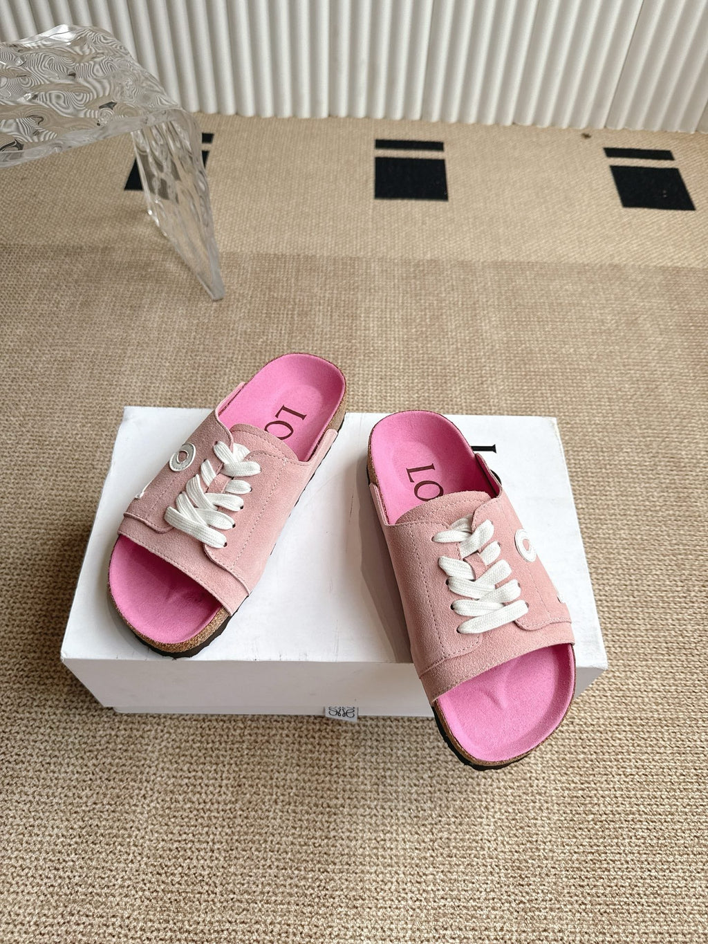 LOEWE 26S LACE-UP FLAT SLIDES IN PINK SUEDE