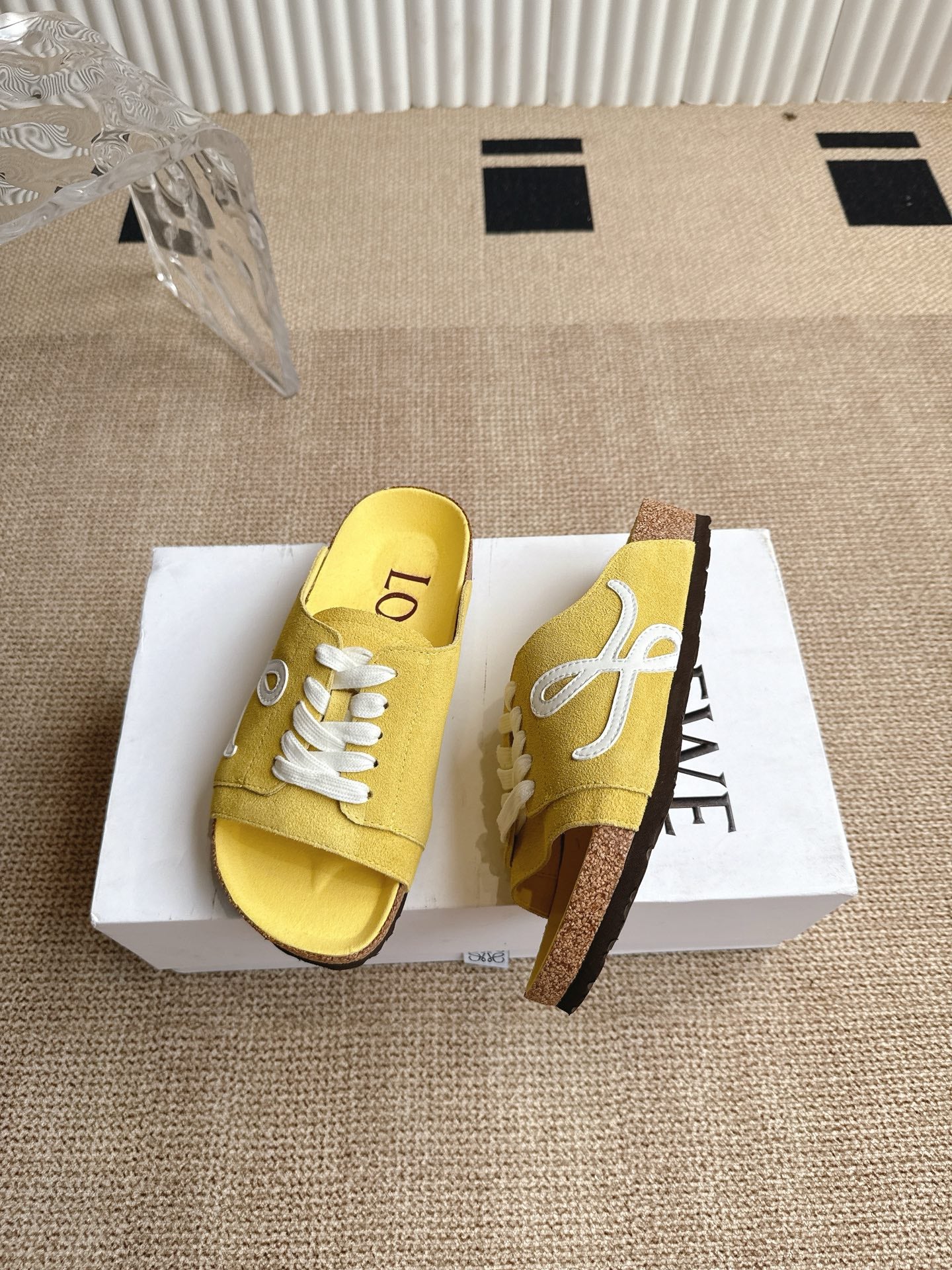 LOEWE 26S LACE-UP FLAT SLIDES IN YELLOW SUEDE