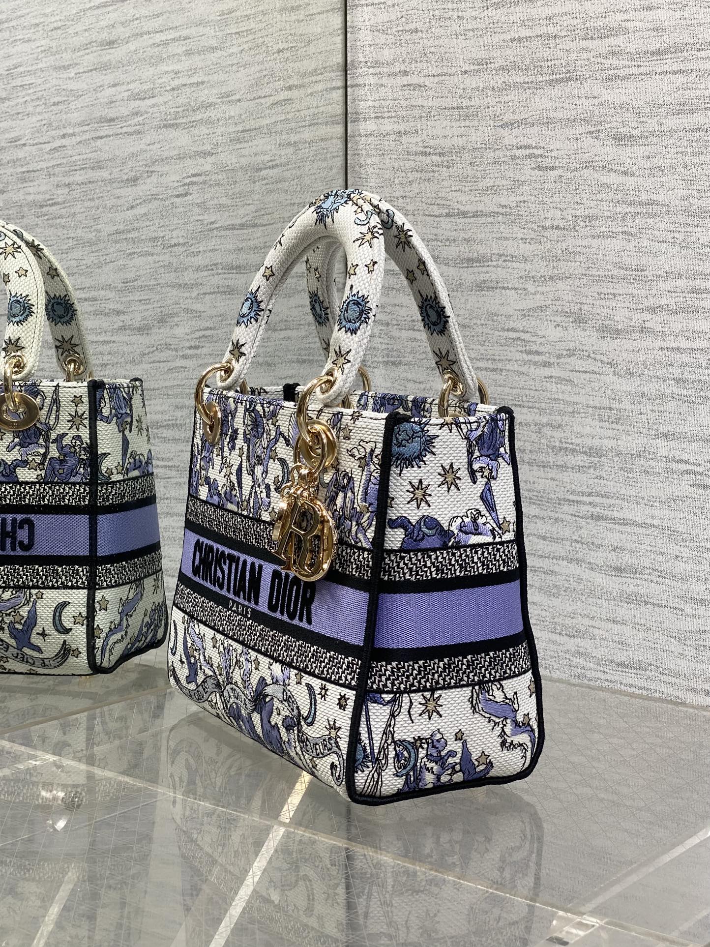 DIOR 25S SMALL LADY D-LITE BAG 24 IN PURPLE DIOR NIGHT OF DREAMS EMBROIDERY
