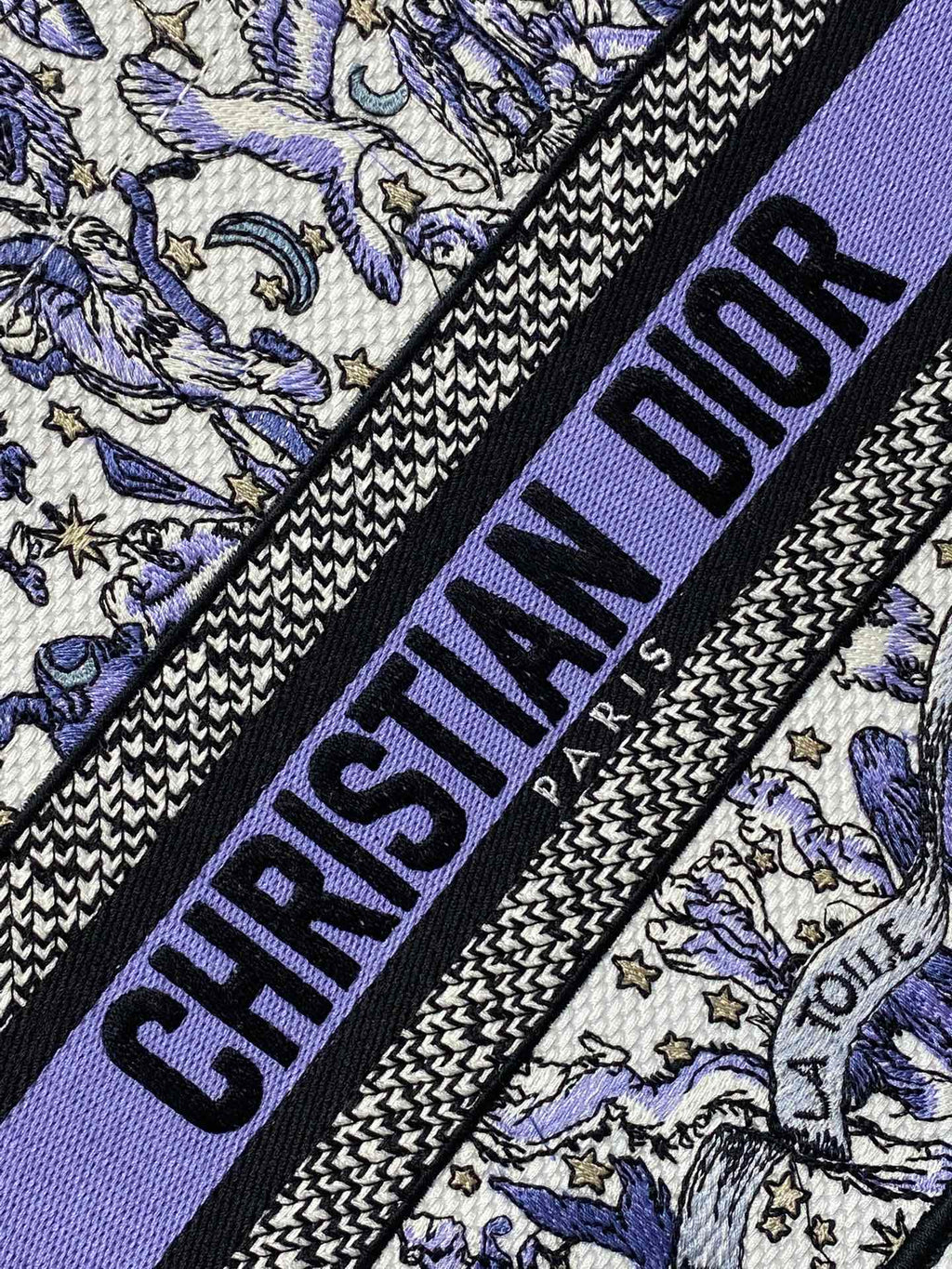 DIOR 25S SMALL BOOK TOTE 26 IN WHITE AND PURPLE DIOR NIGHT OF DREAMS EMBROIDERY