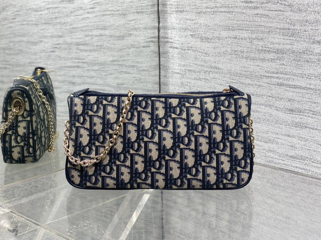 DIOR 26S PROMENADE BAG 22 IN NAVY BLUE AND BEIGE OBLIQUE JACQUARD
