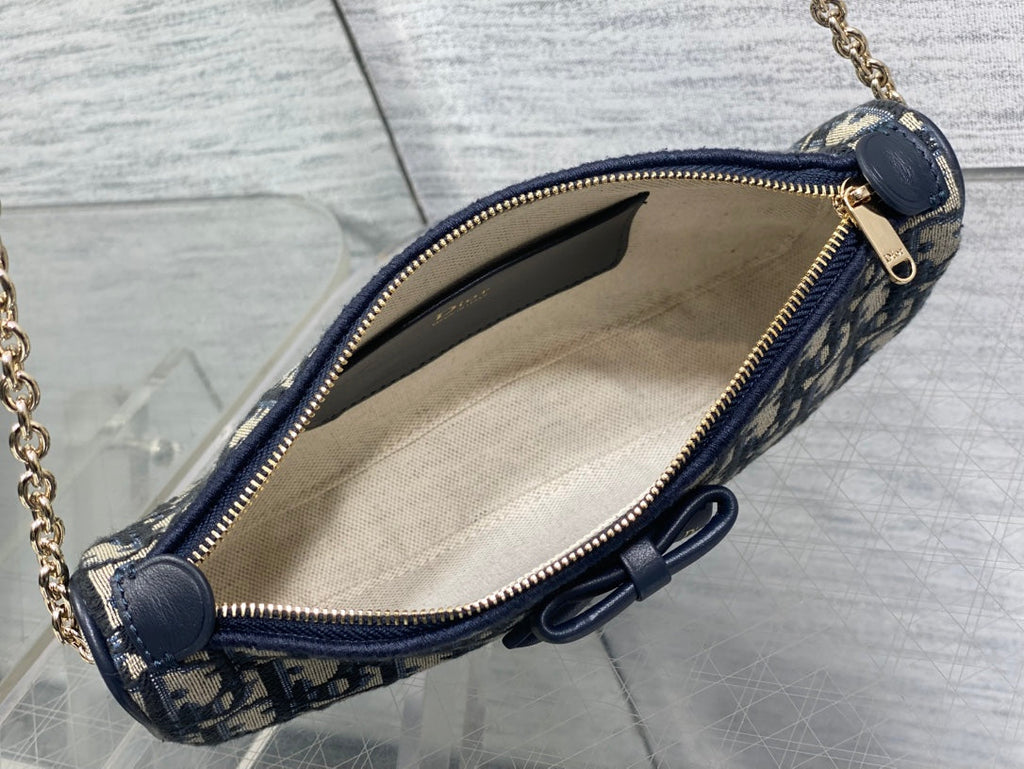 DIOR 26S PROMENADE BAG 22 IN NAVY BLUE AND BEIGE OBLIQUE JACQUARD