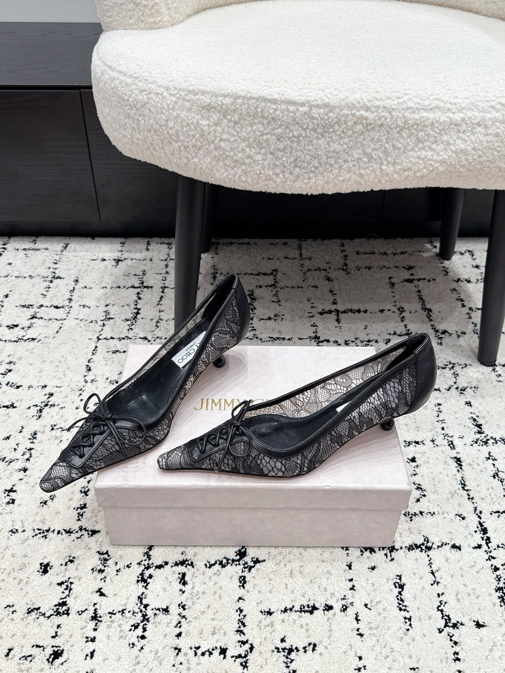 JIMMY CHOO 26S LACE-UP HIGH HEELS 45 MM IN BLACK LACE FABRIC