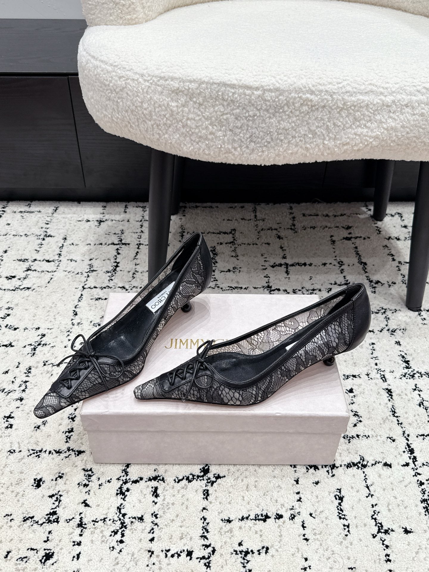 JIMMY CHOO 26S LACE-UP HIGH HEELS 45 MM IN BLACK LACE FABRIC