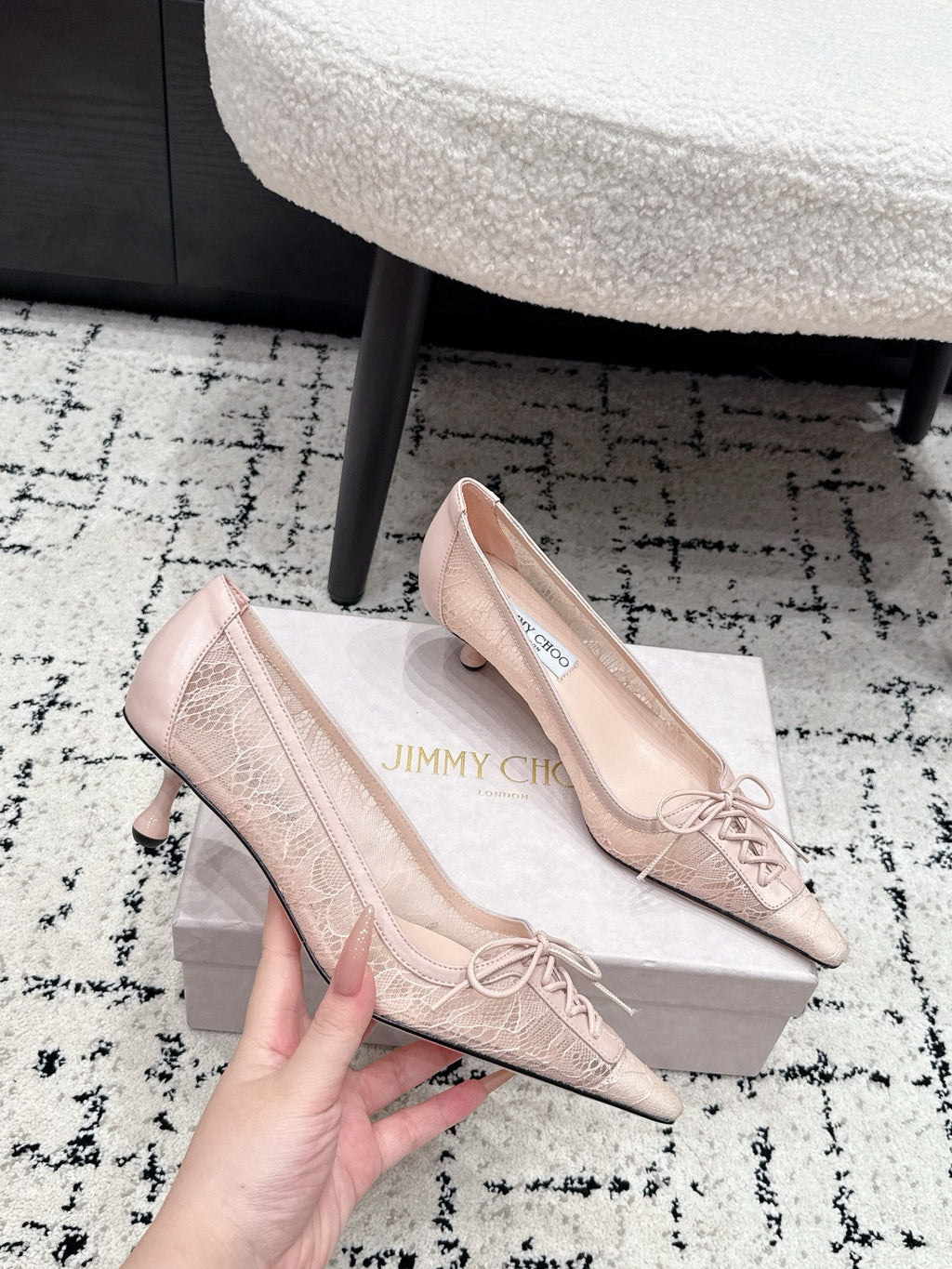 JIMMY CHOO 26S LACE-UP HIGH HEELS 45 MM IN NUDE PINK LACE FABRIC