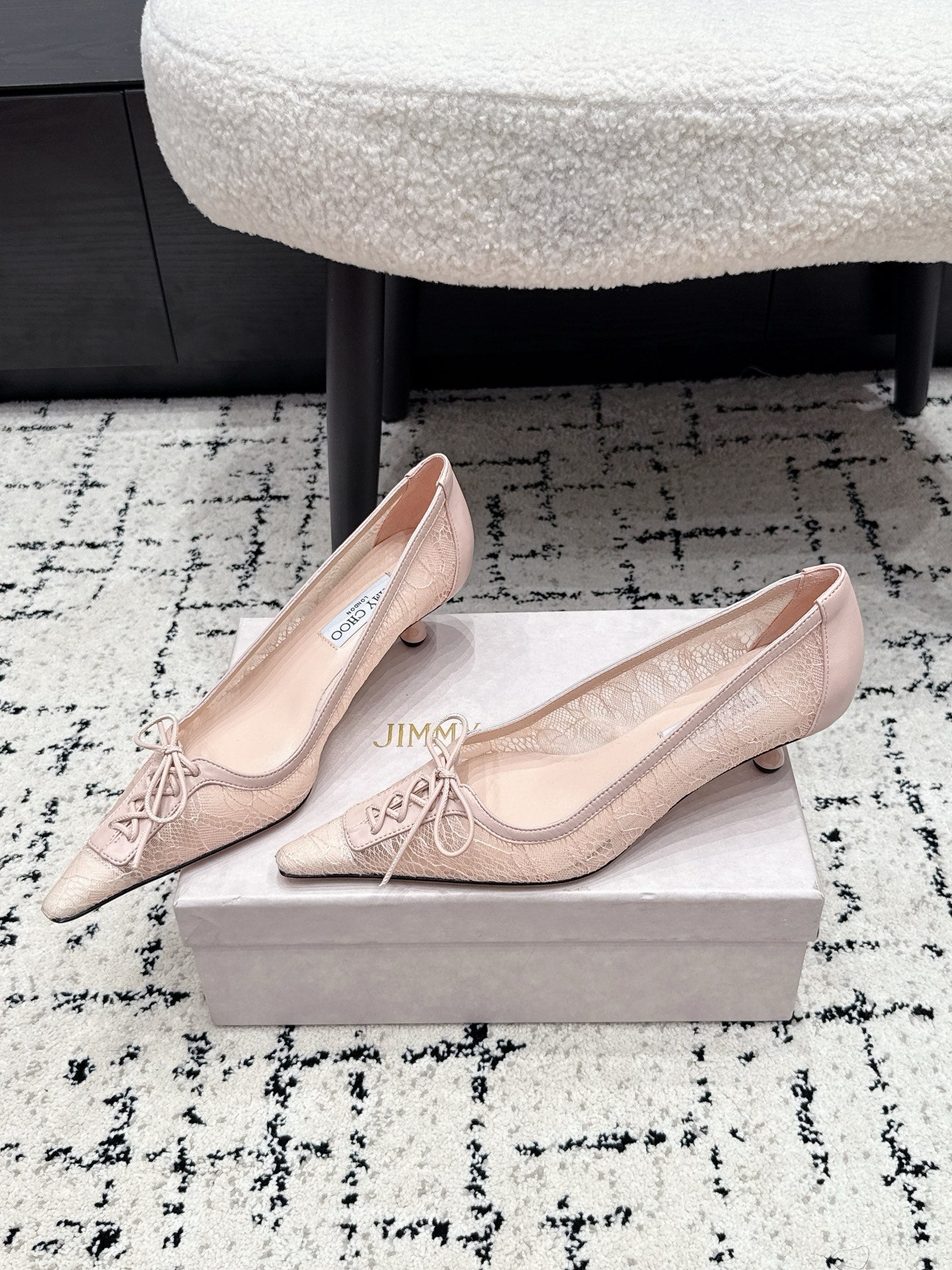 JIMMY CHOO 26S LACE-UP HIGH HEELS 45 MM IN NUDE PINK LACE FABRIC